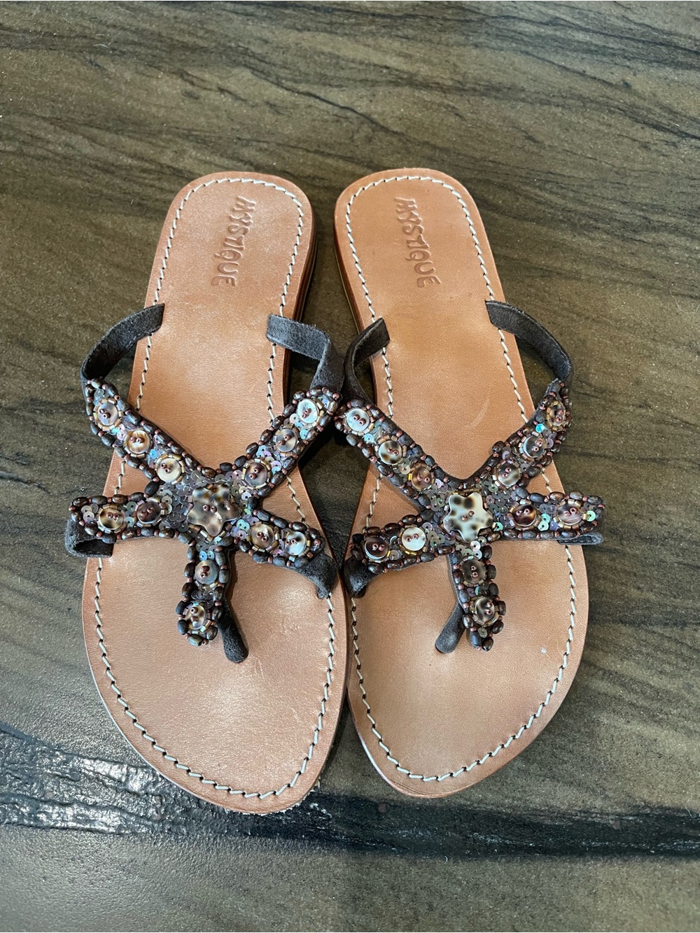 Mystique Beaded Starfish Leather Sandals Size 9